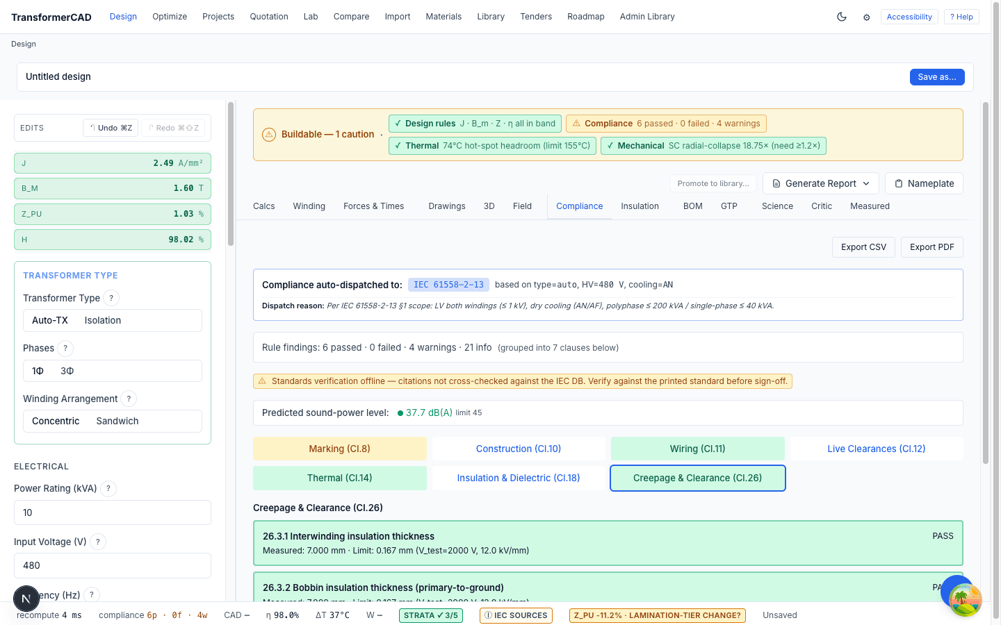 Compliance tab with IEC 60076 checks